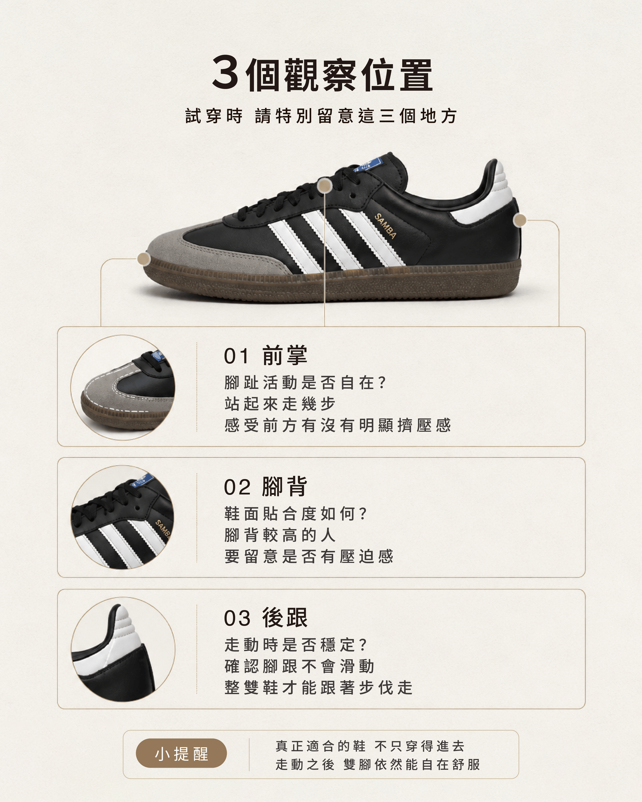 Samba 試穿時前掌腳背後跟三個觀察位置